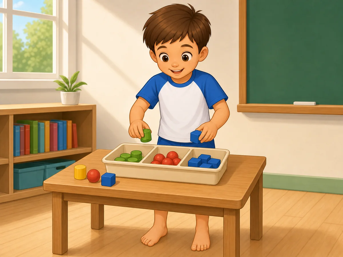 Niño usando las manos para ordenar bloques de colores en una bandeja escolar