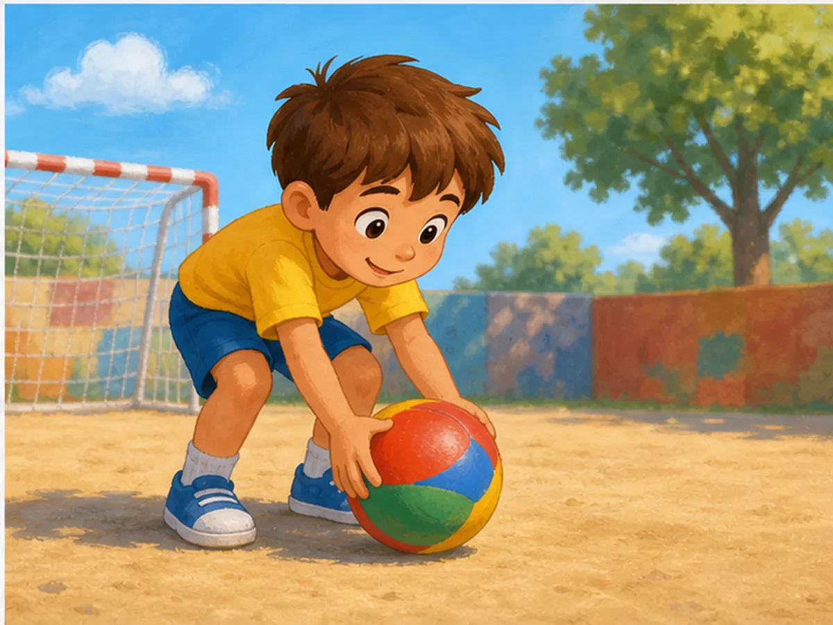 Nino agachandose para recoger una pelota
