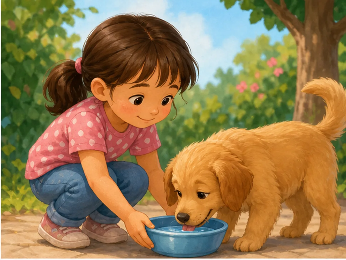 Nino dando agua a un perro
