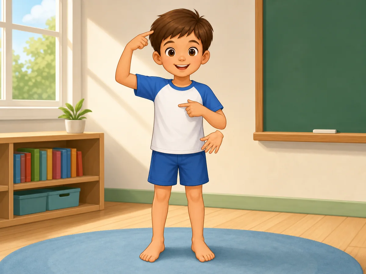 Niño señalando su cabeza y el centro de su cuerpo en el aula