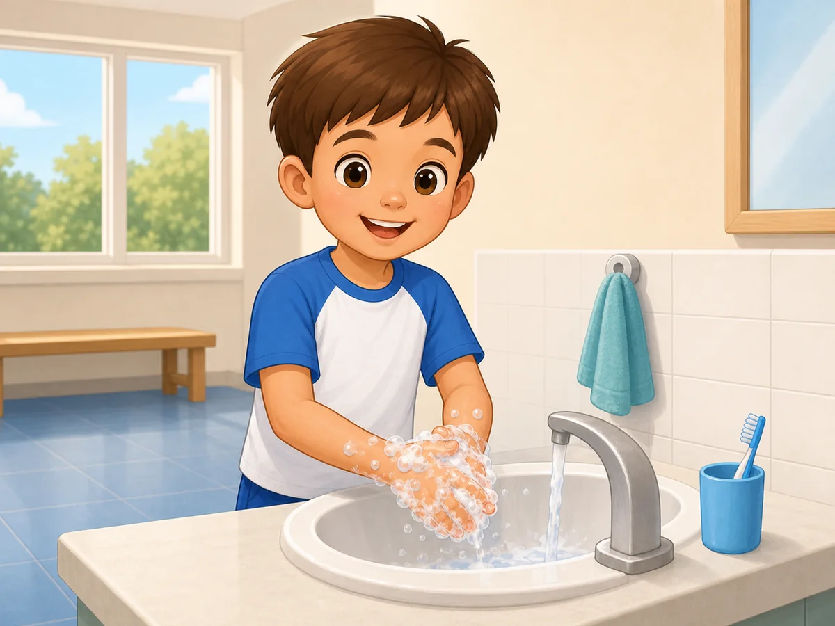 Niño lavándose las manos con jabón en un lavabo escolar