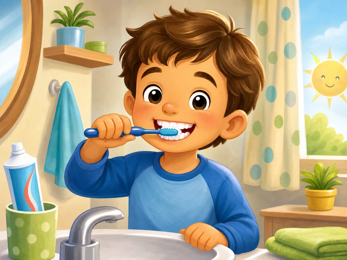Nino cepillandose los dientes frente al lavabo