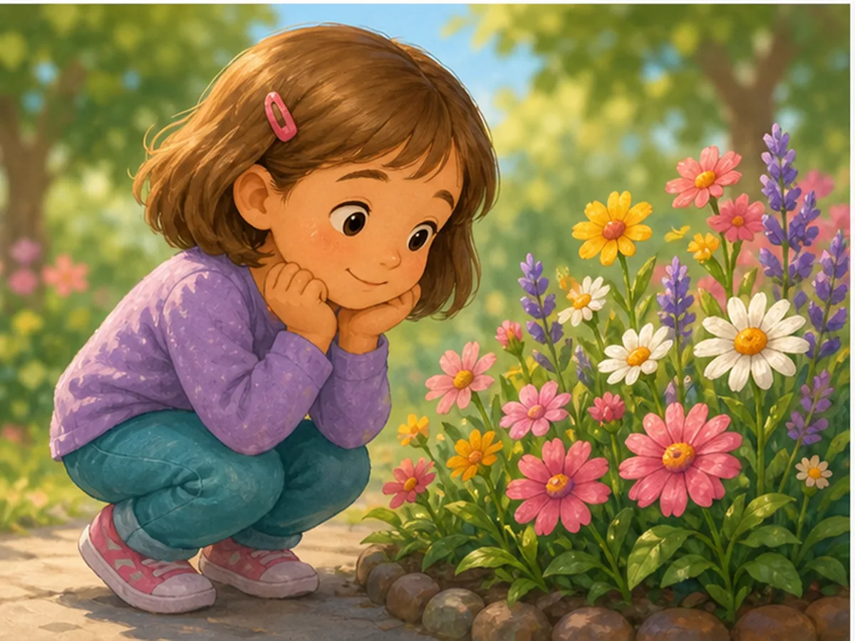 Nino observando flores sin arrancarlas