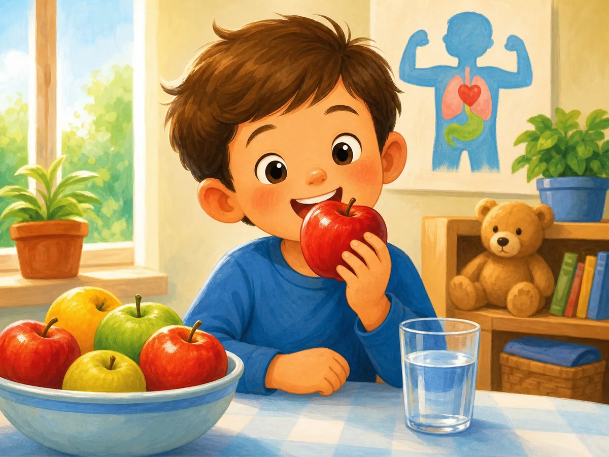 Nino comiendo una manzana y bebiendo agua