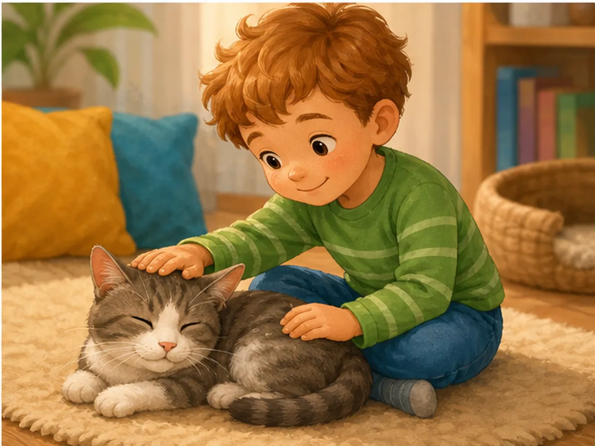 Nino acariciando suavemente a un gato