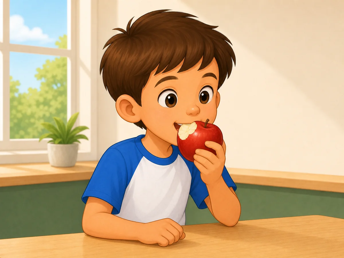 Nino probando una manzana roja; su boca es visible