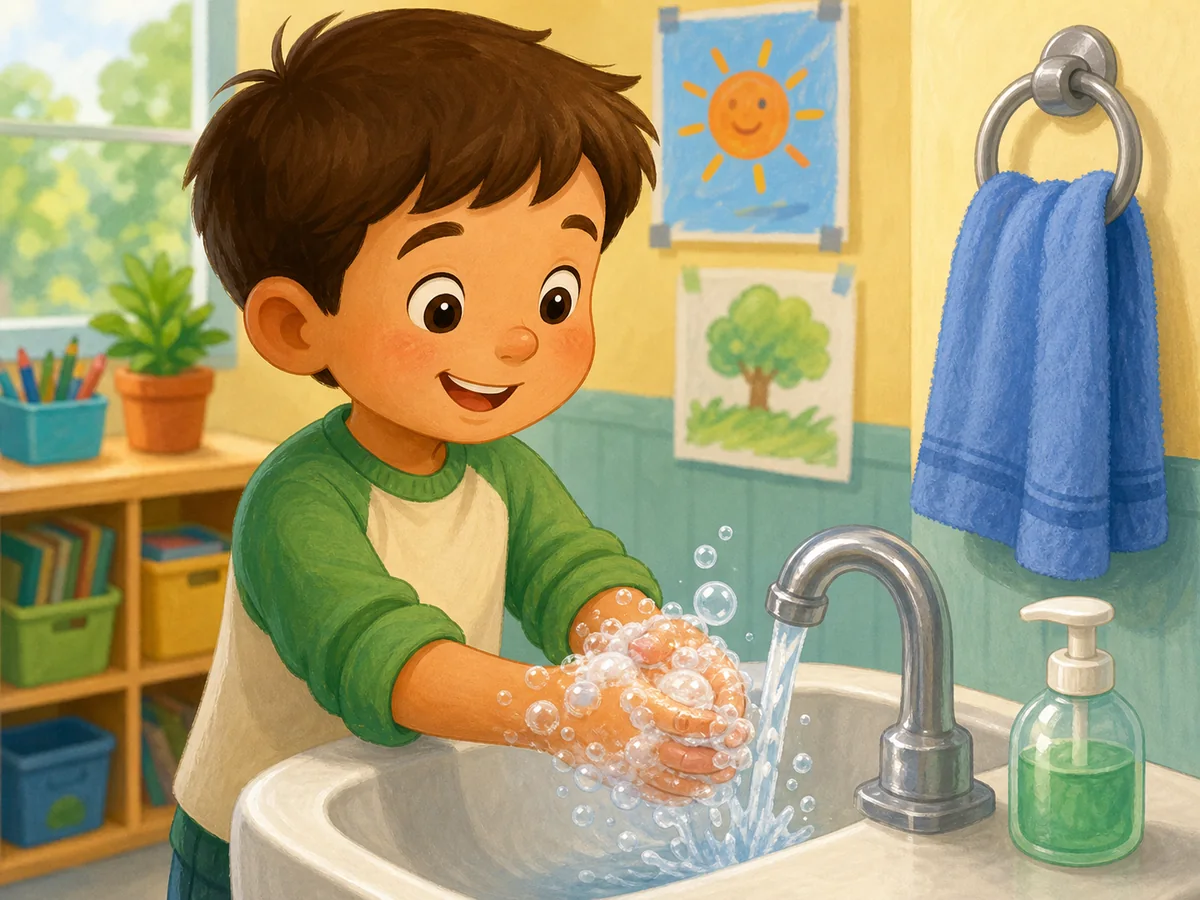 Nino lavandose las manos con agua y jabon