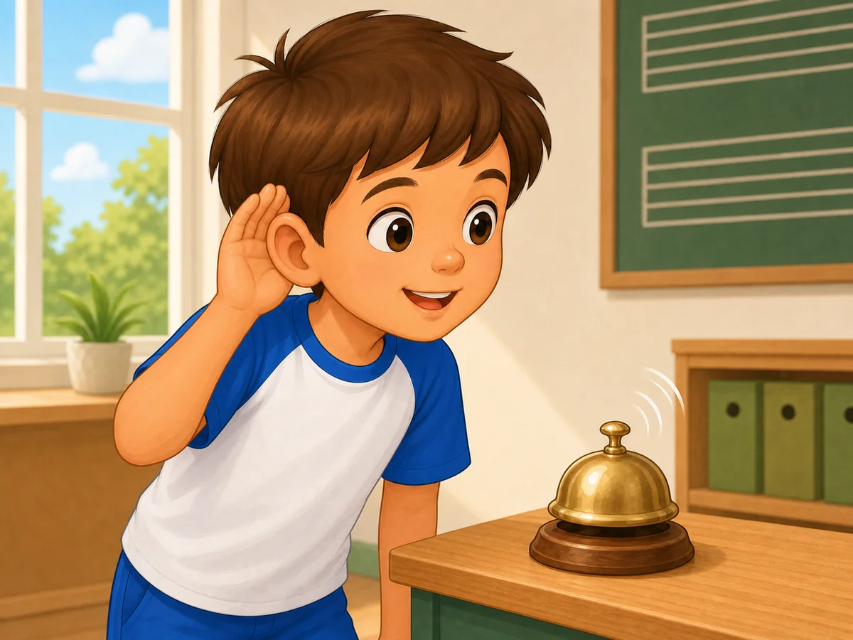 Nino escuchando un timbre con una mano junto a la oreja