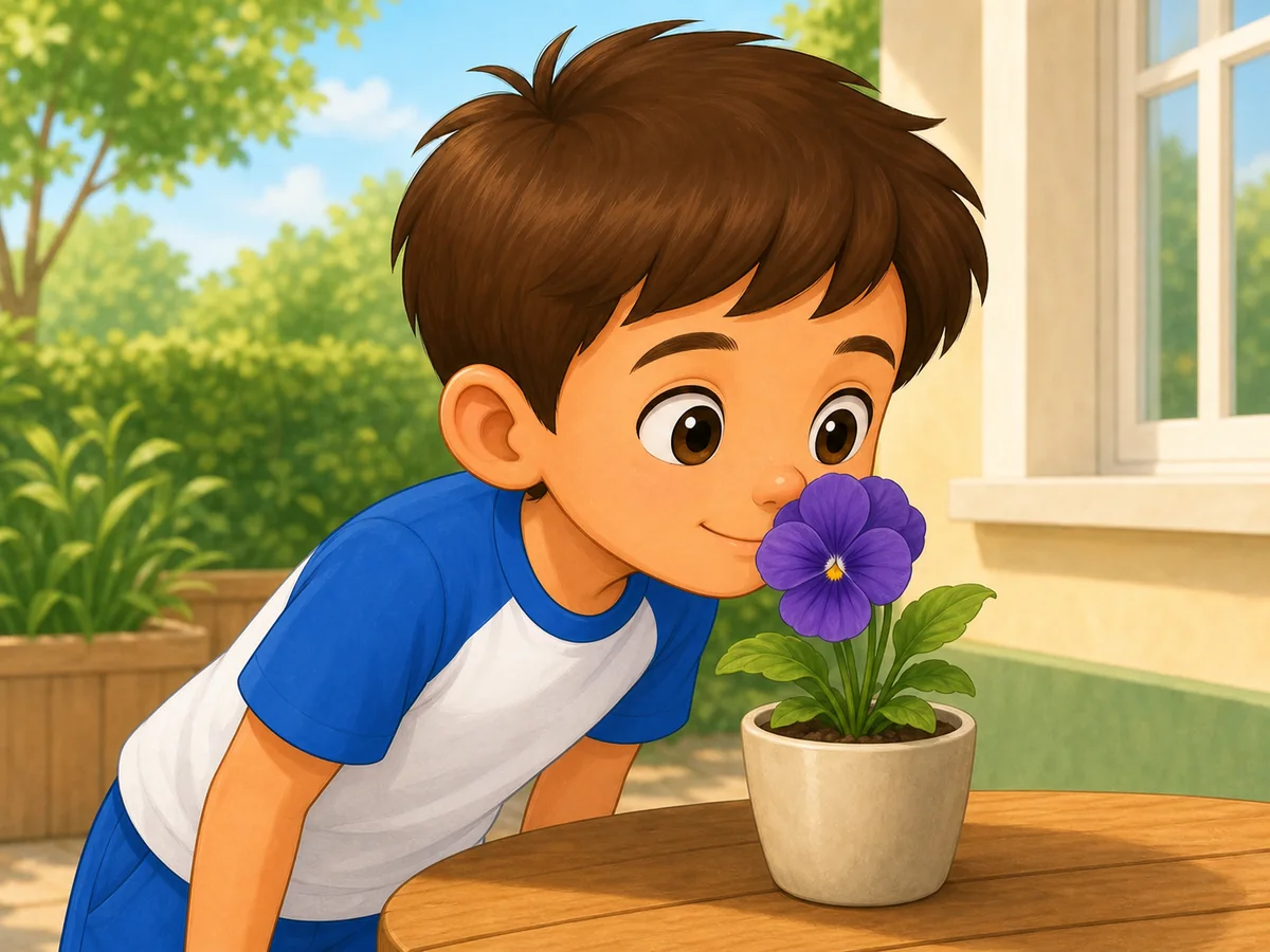 Nino oliendo una flor morada; su nariz es visible