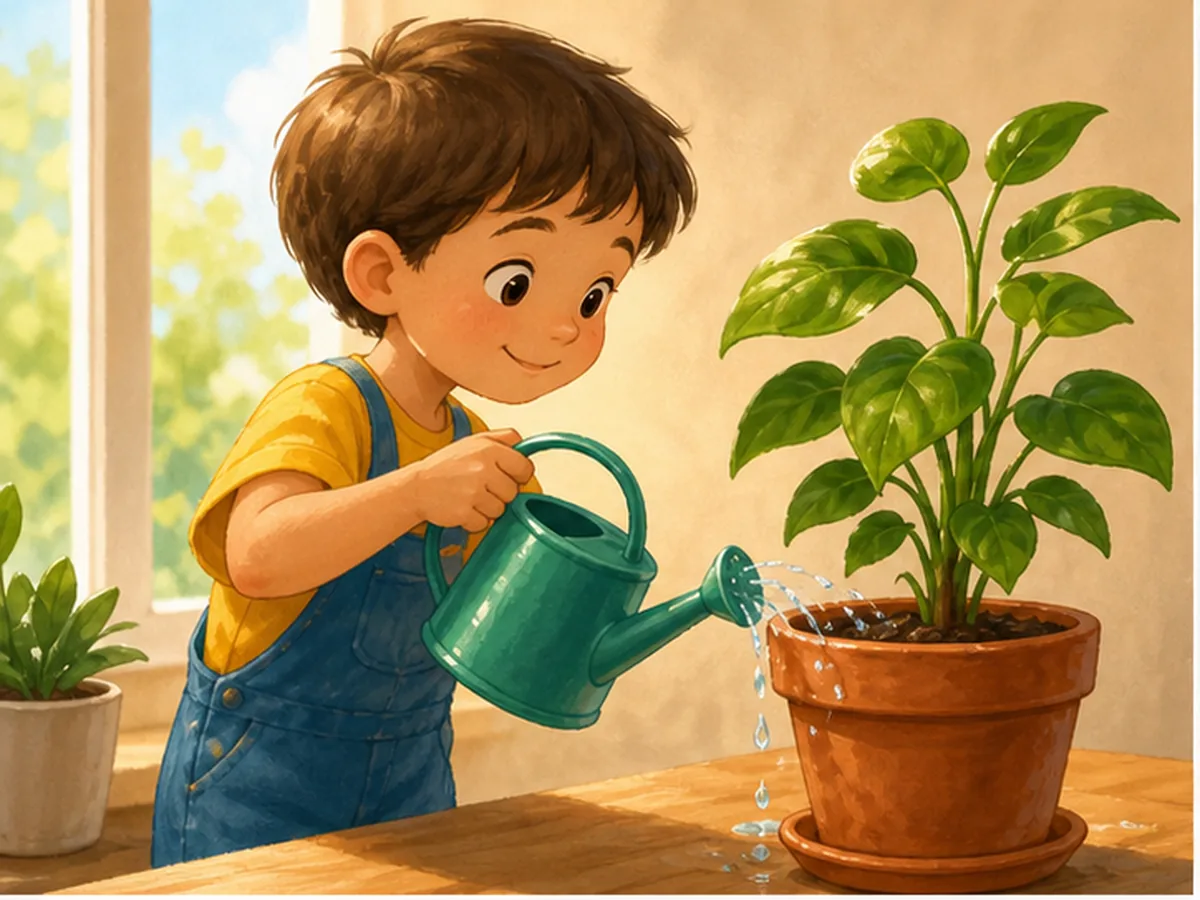 Nino regando una planta