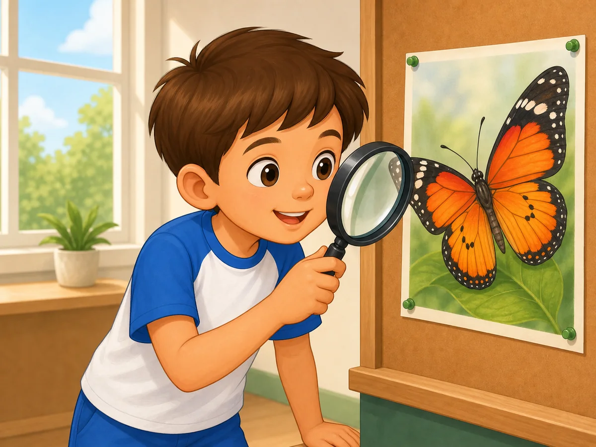 Nino observando una mariposa con una lupa; sus ojos son visibles