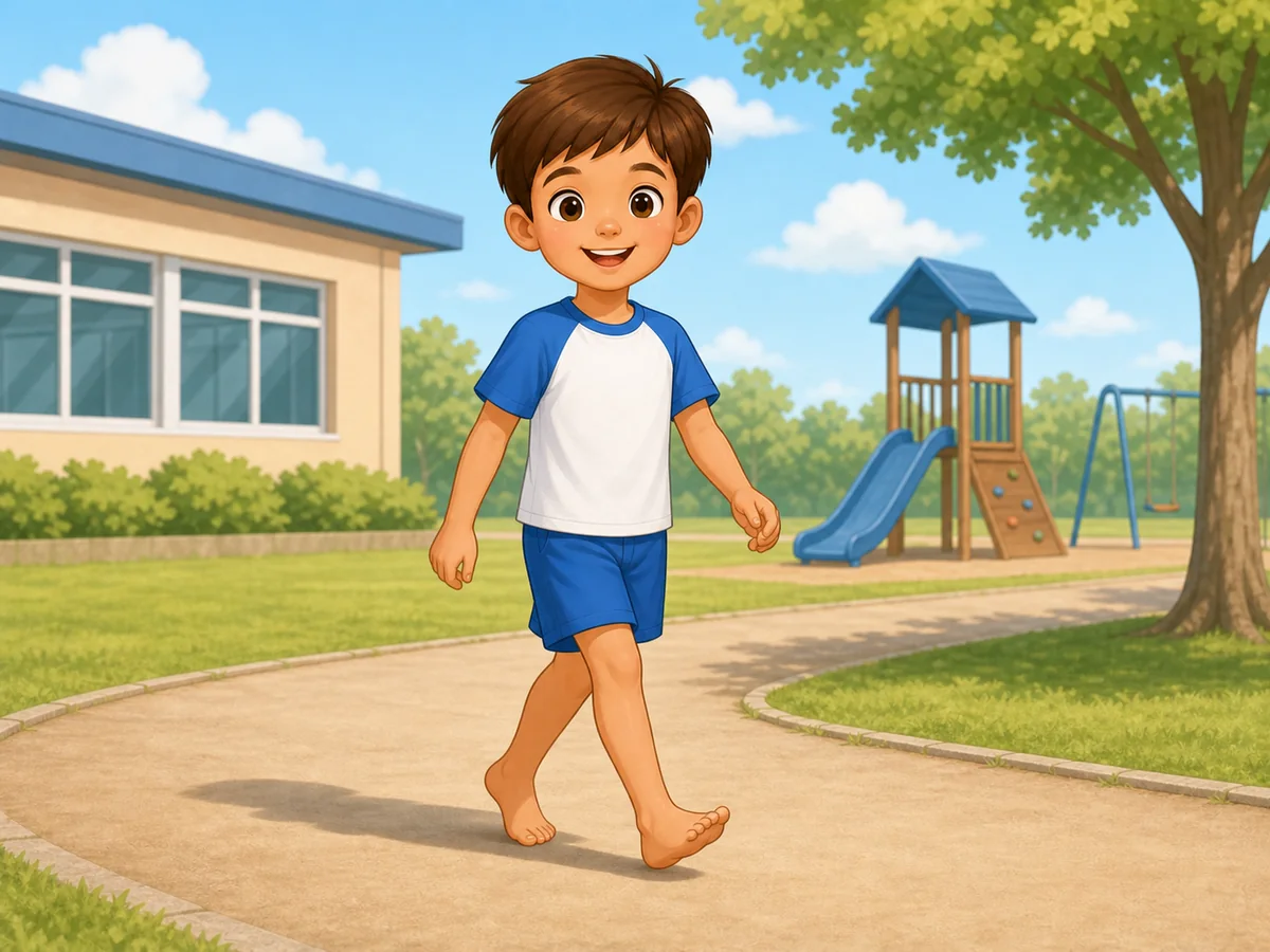 Niño caminando por el patio con un pie levantado
