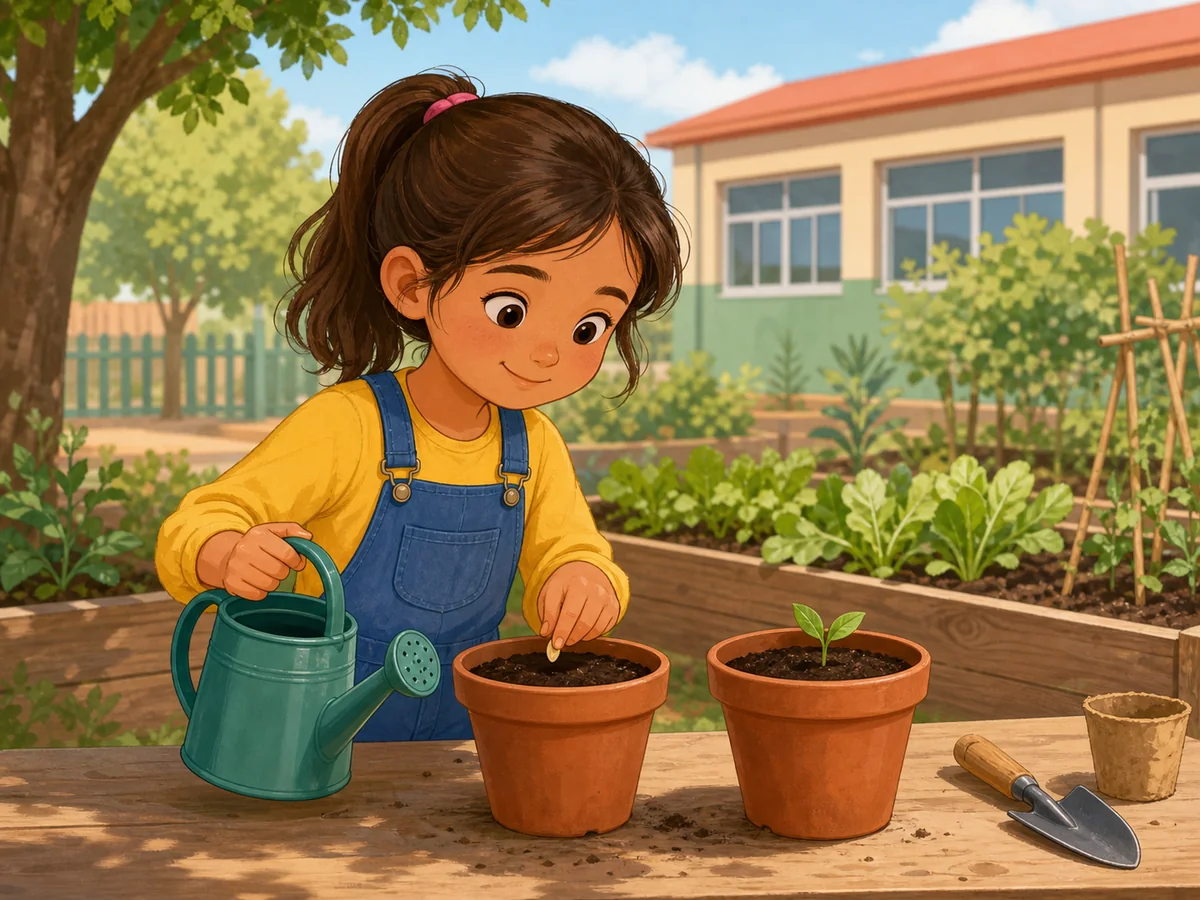 Ni&ntilde;a en el huerto escolar con una semilla, una regadera y un brote