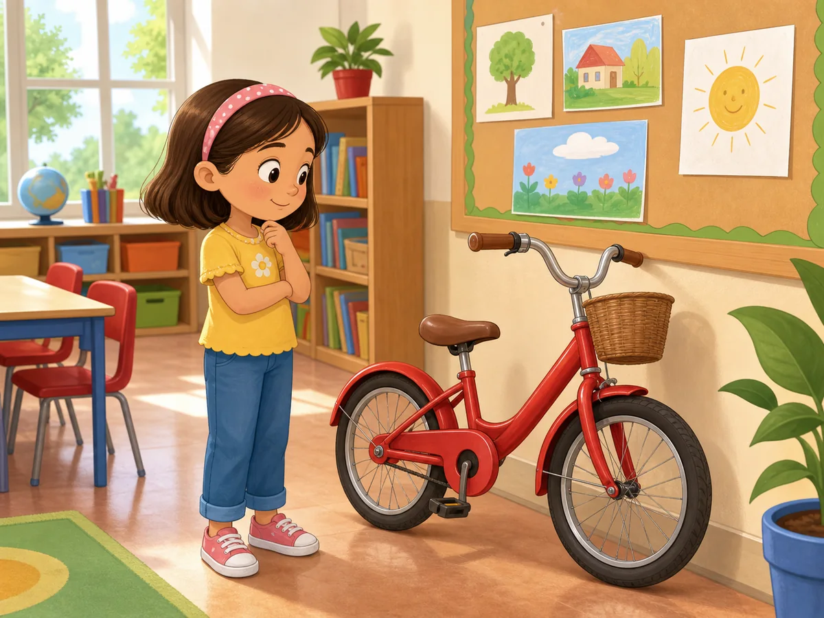 Ni&ntilde;a observando una bicicleta infantil roja con dos ruedas y cesta
