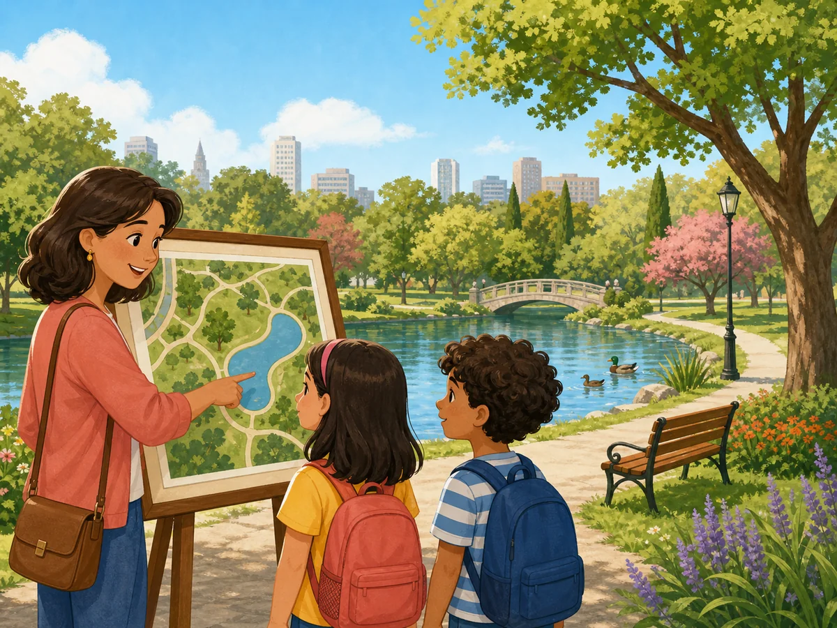 Docente y dos alumnos observan un mapa en un parque