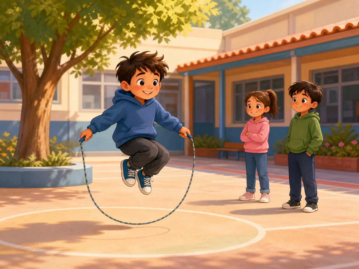 Niño saltando a la cuerda en el patio escolar