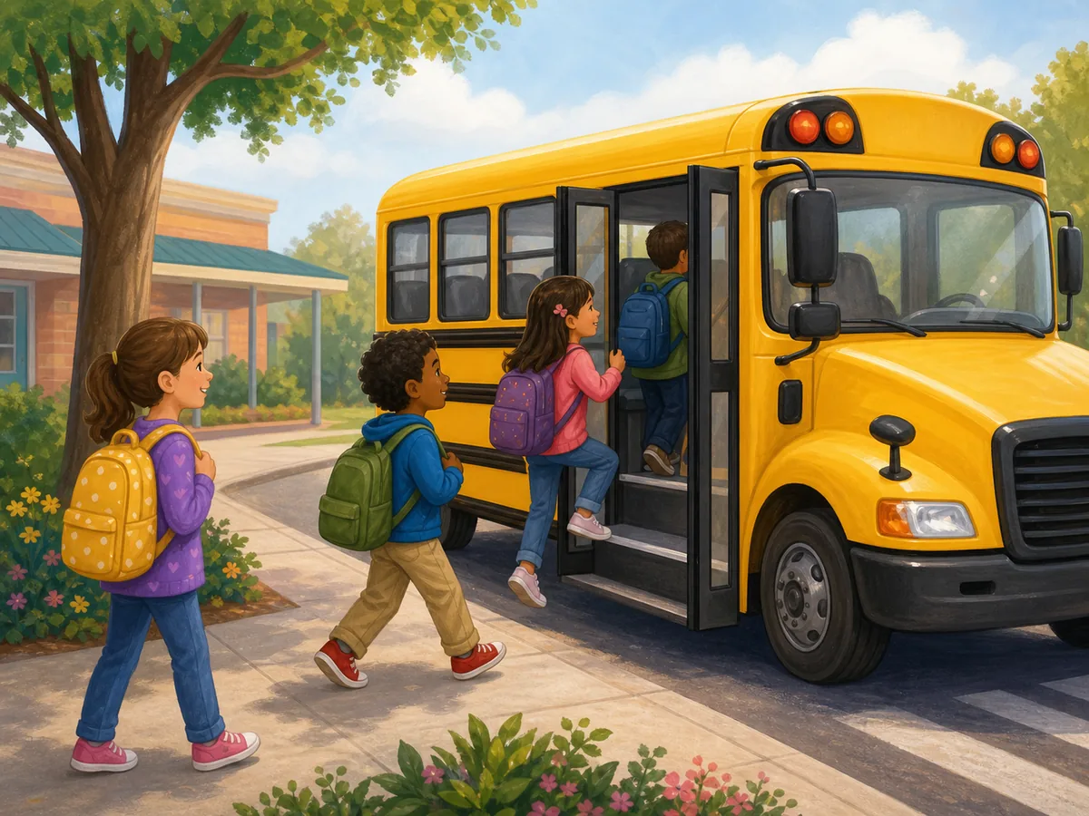 Ninos suben a un autobus escolar