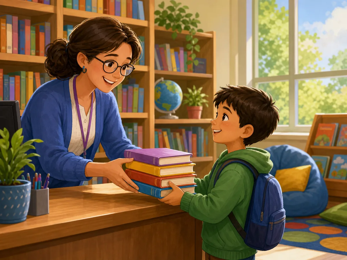 Un nino recibe libros en la biblioteca