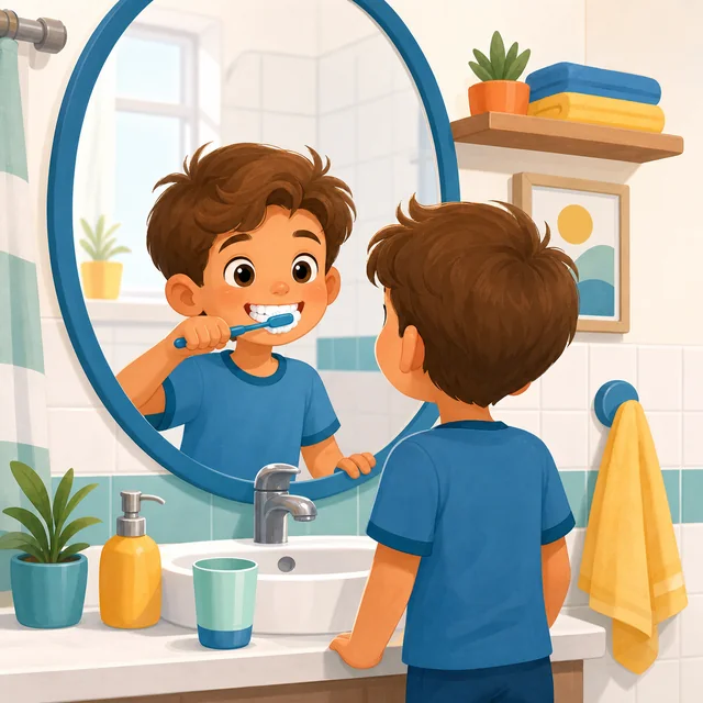 Child brushing teeth in the bathroom