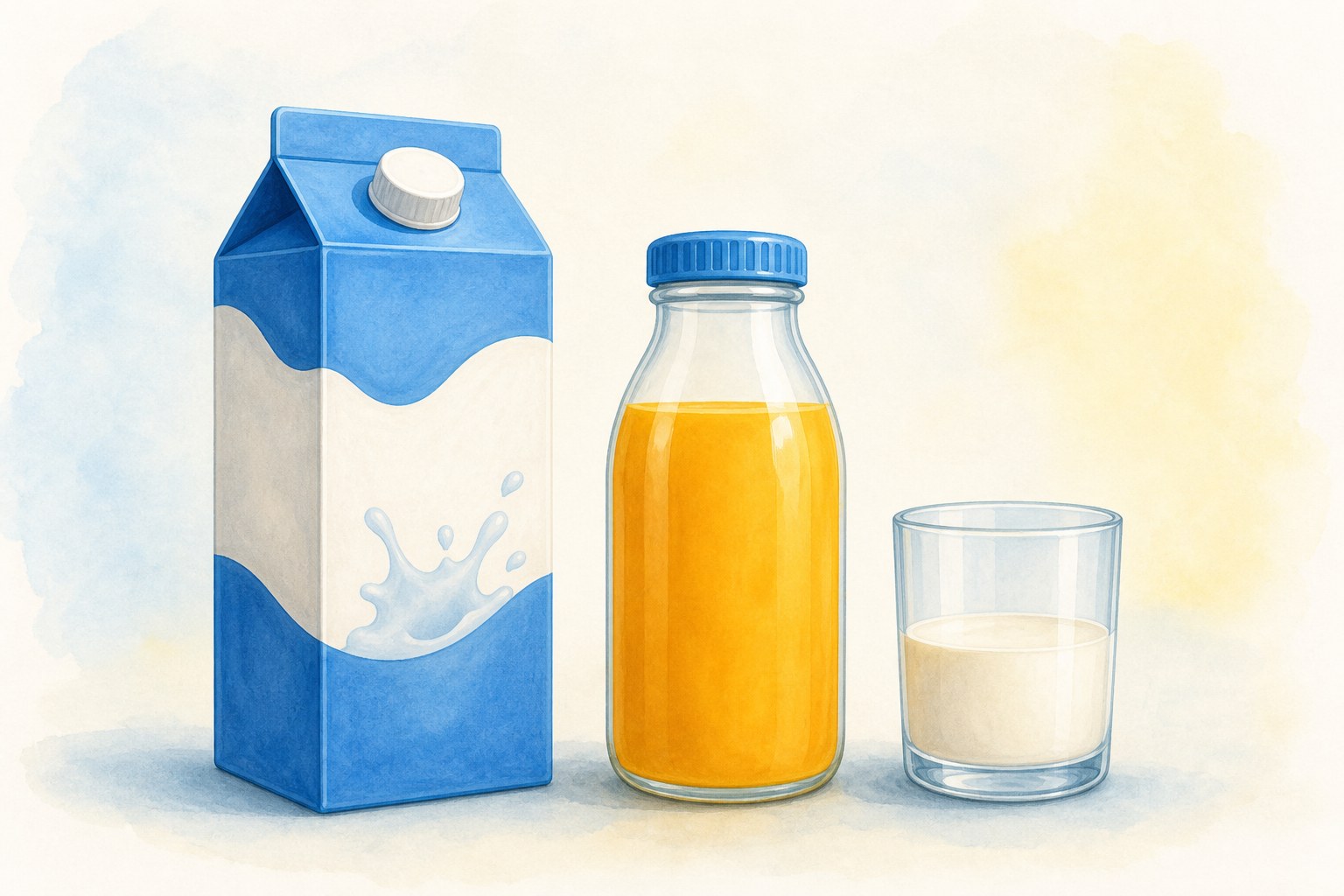 Brik, botella y vaso con distintas cantidades de liquido