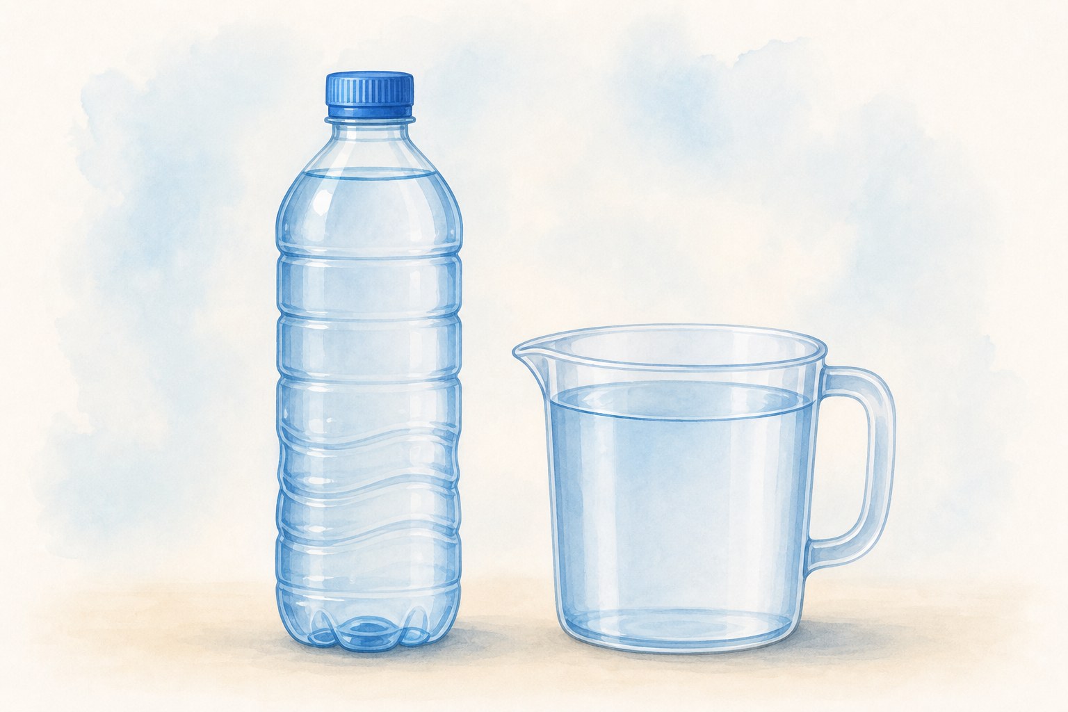 Botella llena junto a una jarra
