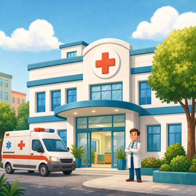 Hospital building with ambulance