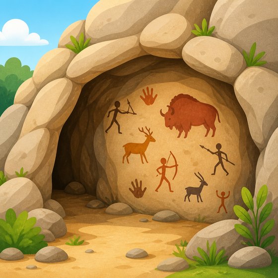 Ilustración de una cueva con pinturas rupestres