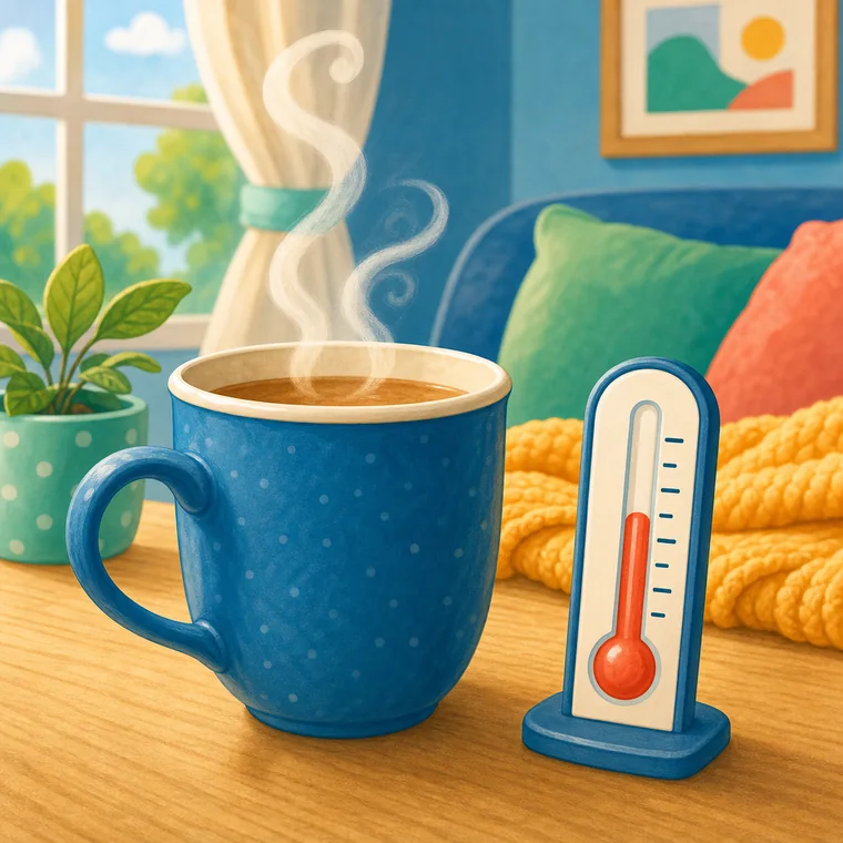 Taza caliente con vapor y termómetro