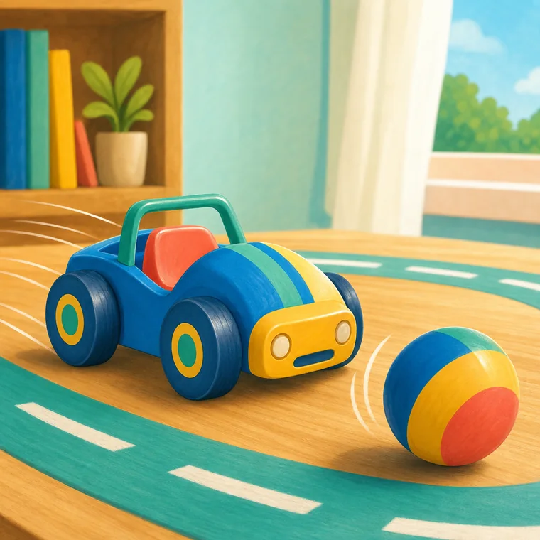 Coche de juguete y pelota en movimiento