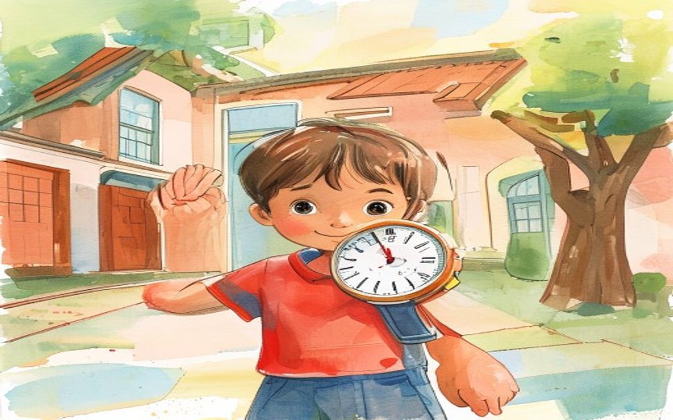 Nino mirando su reloj antes de actividades
