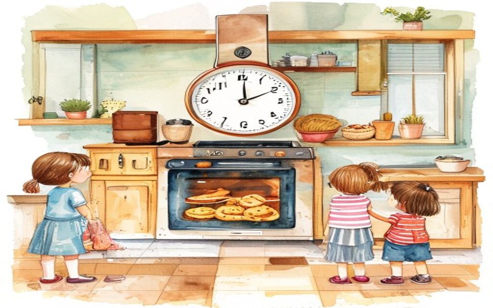 Ninos esperando unas galletas en el horno
