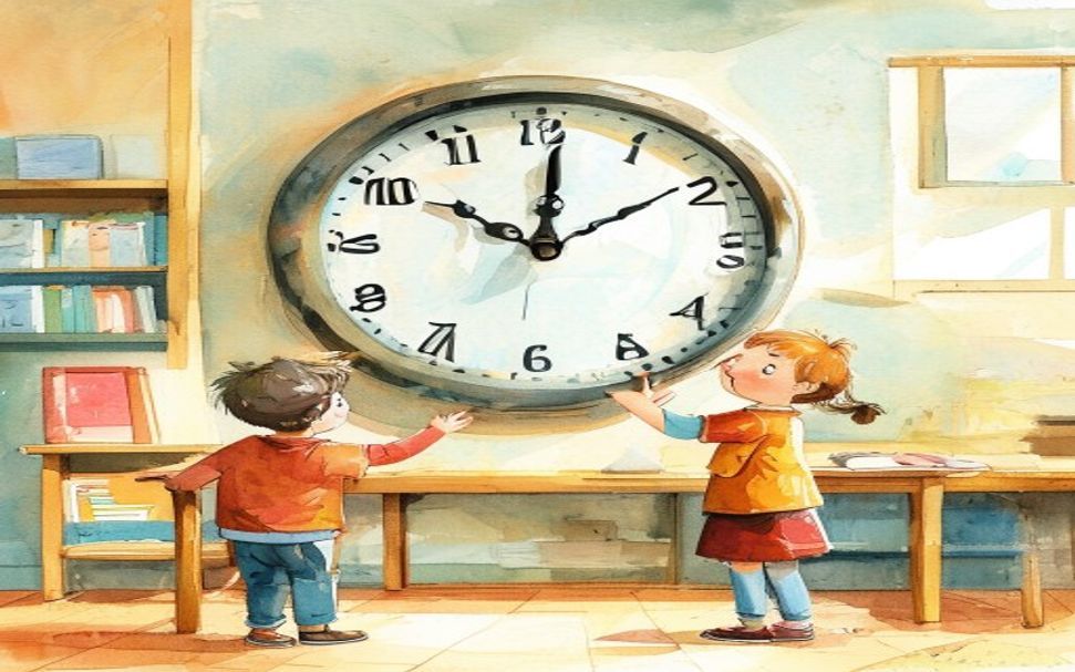 Ninos mirando un reloj en clase