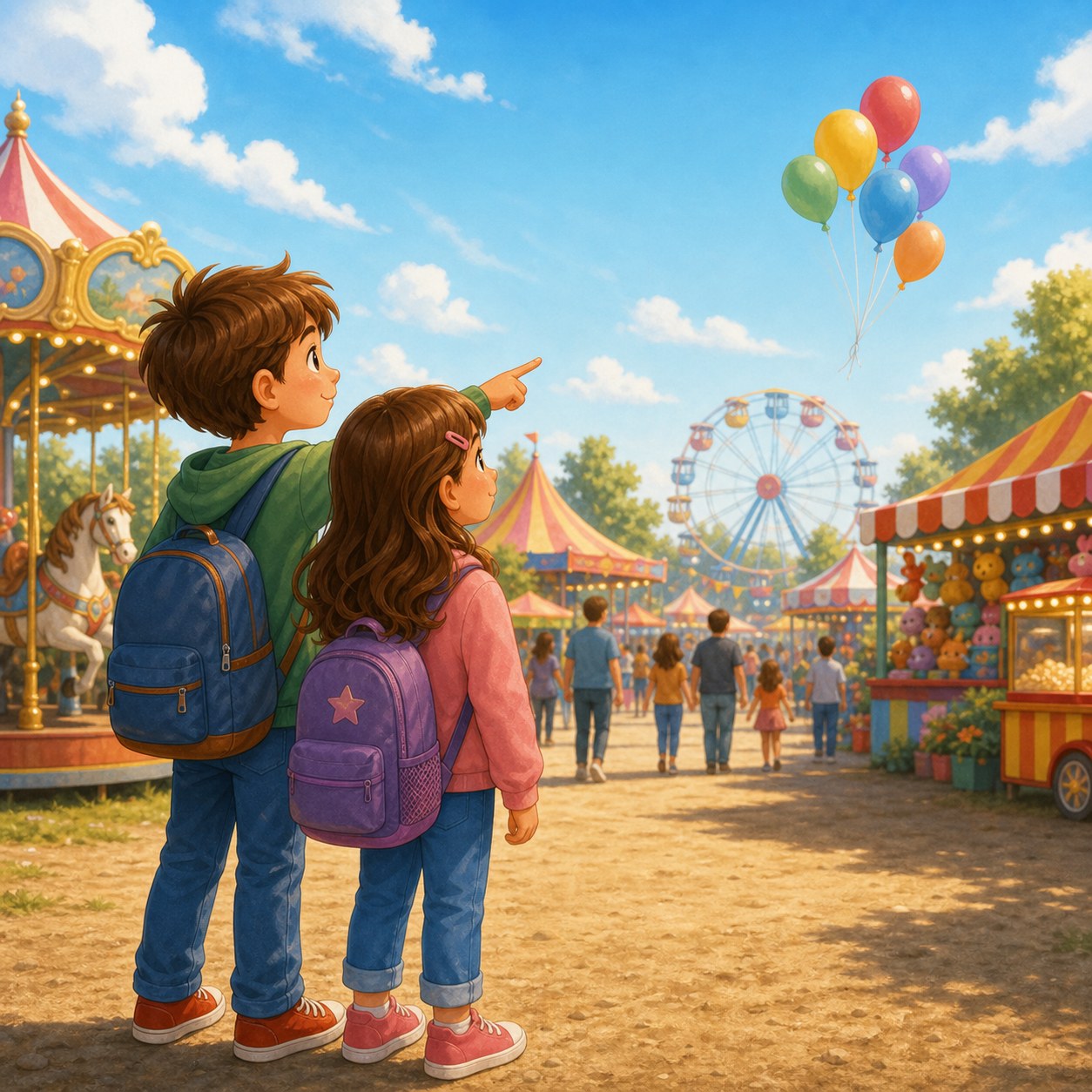 Ninos mirando unos globos lejanos en una feria