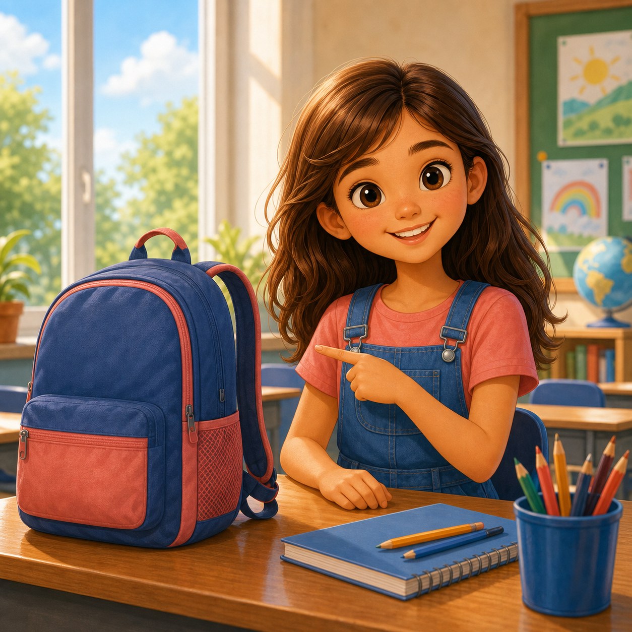 Nina senalando una mochila cercana en clase