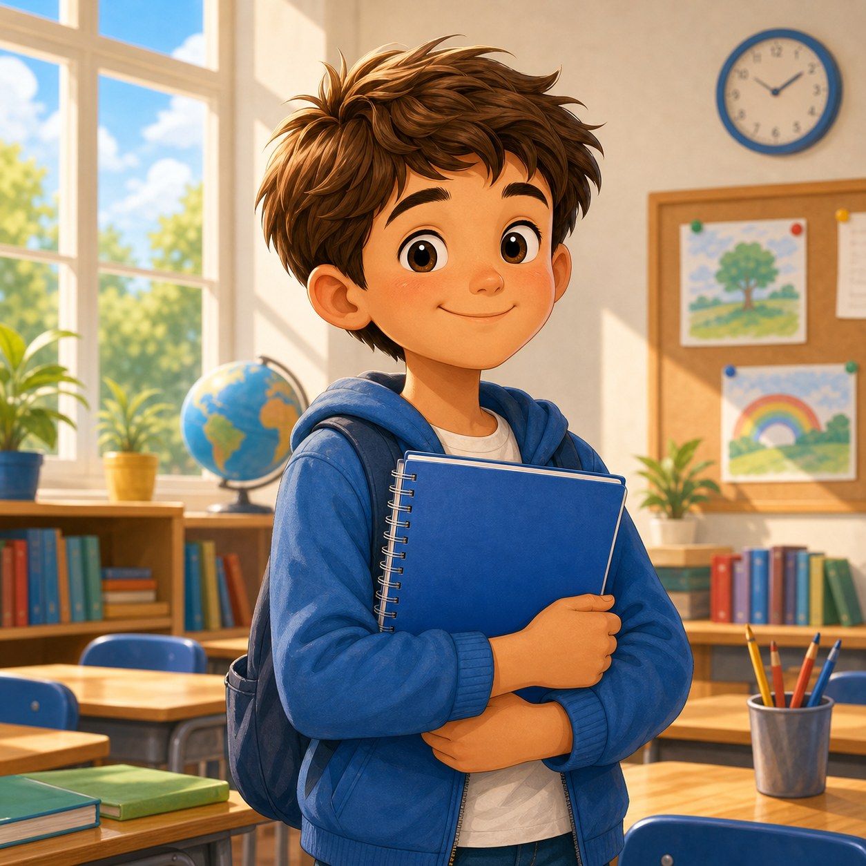 Nino abrazando su cuaderno en clase