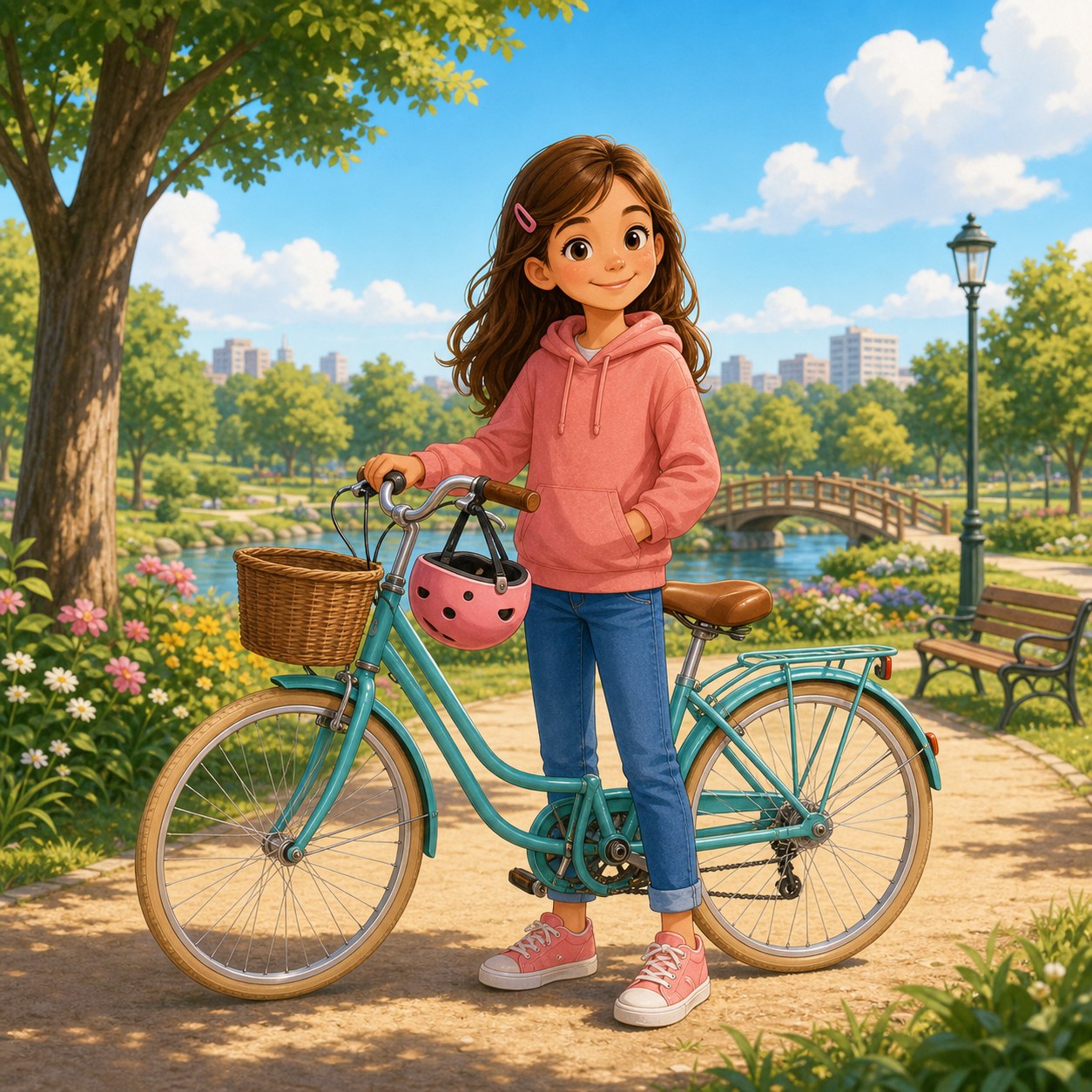 Nina junto a su bicicleta en un parque