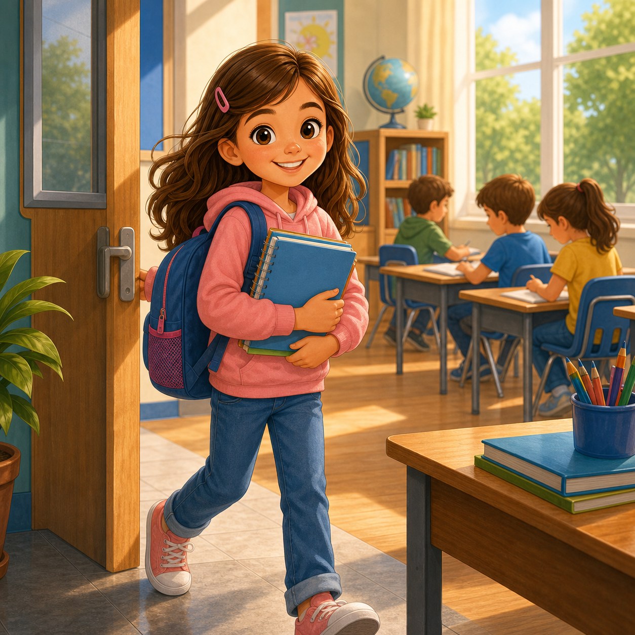 Girl going to study in the classroom