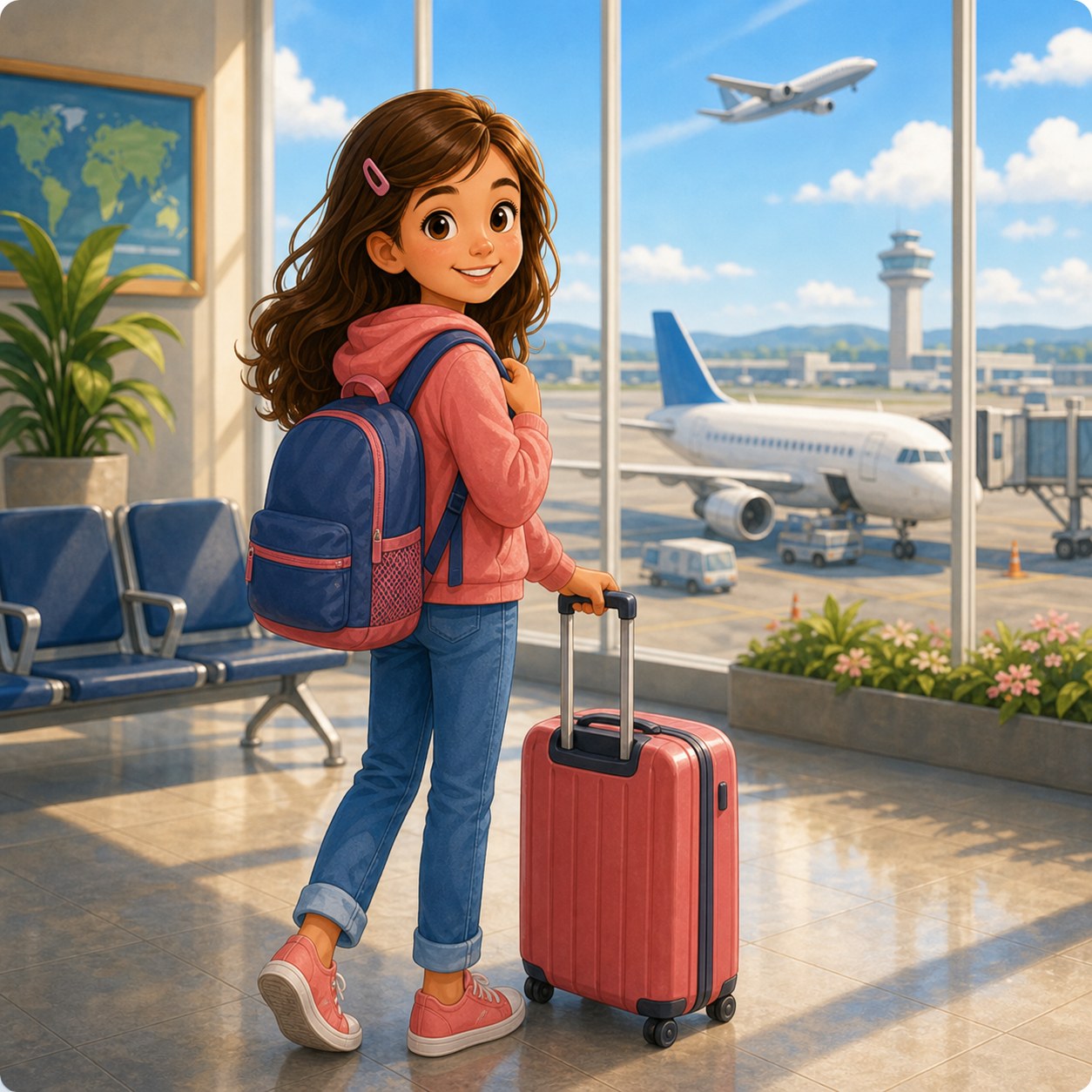 Girl ready to travel at the airport
