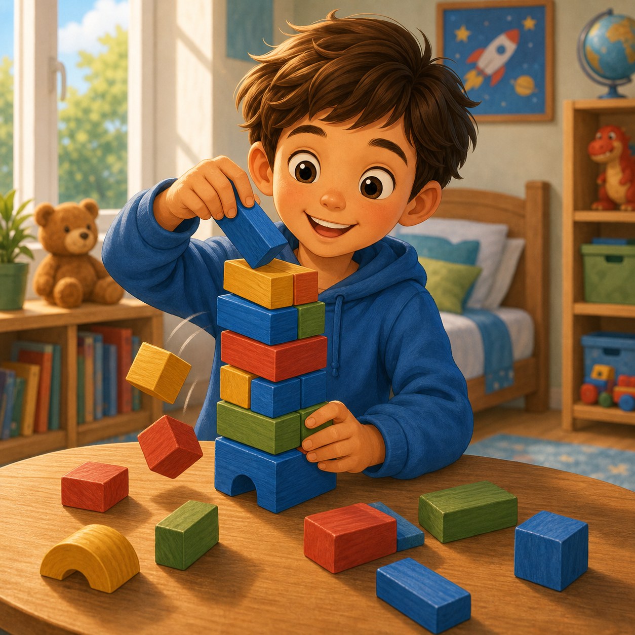 Nino deshaciendo una torre de bloques