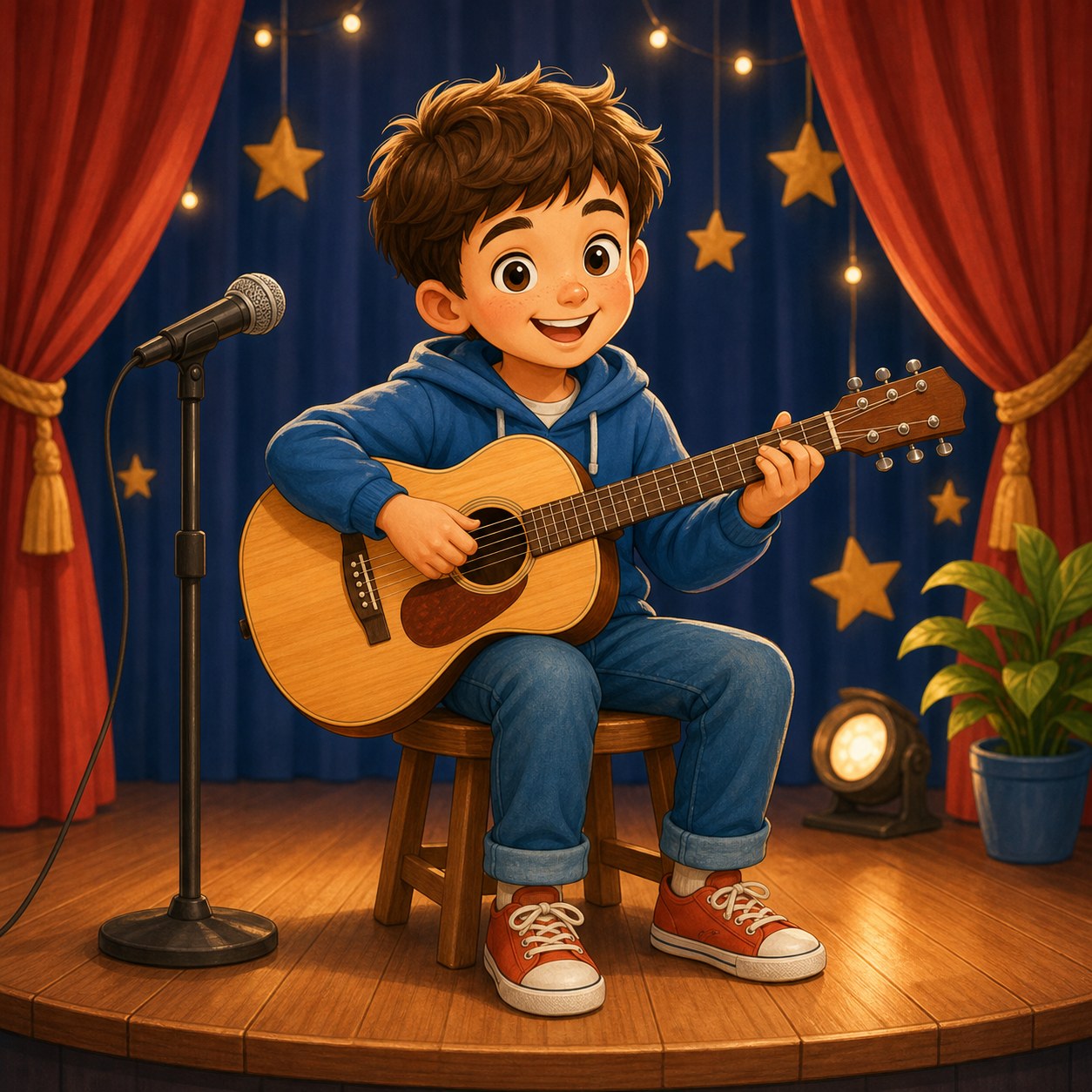Boy playing guitar on a stage