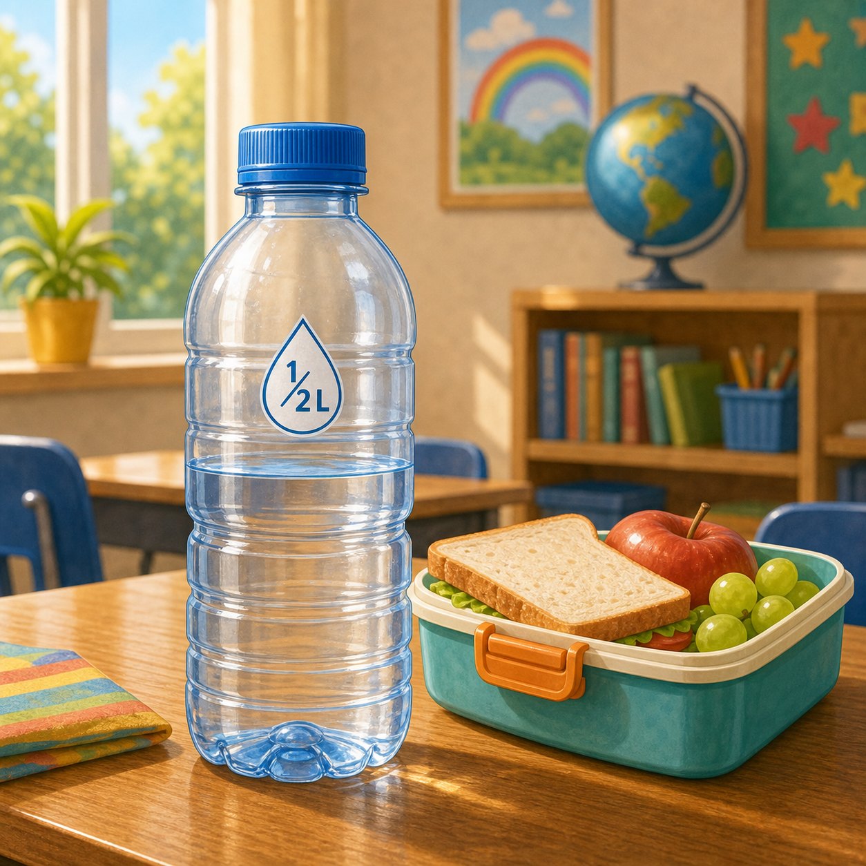 Botella de agua pequena marcada con medio litro junto a una fiambrera escolar