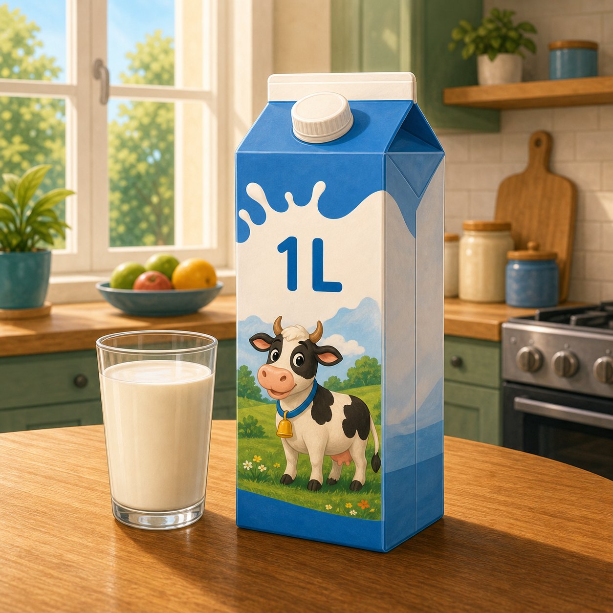 Brik de leche de 1 litro sobre una mesa de cocina