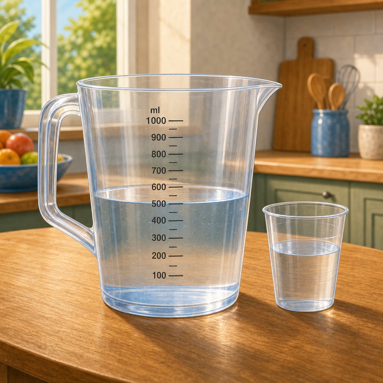 Jarra medidora con agua hasta la marca de 600 mililitros y un vaso pequeno al lado