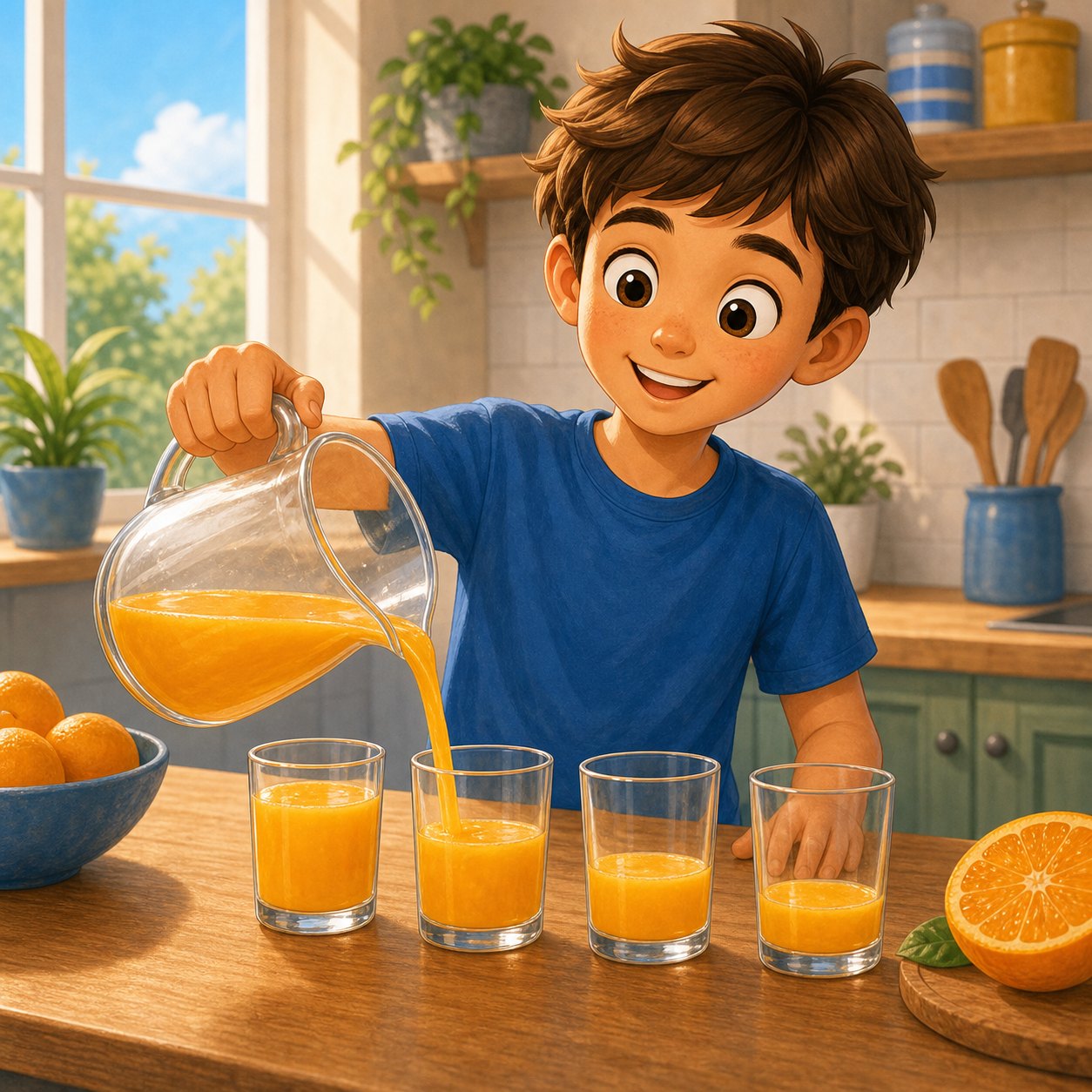 Nino sirviendo zumo en cuatro vasos iguales