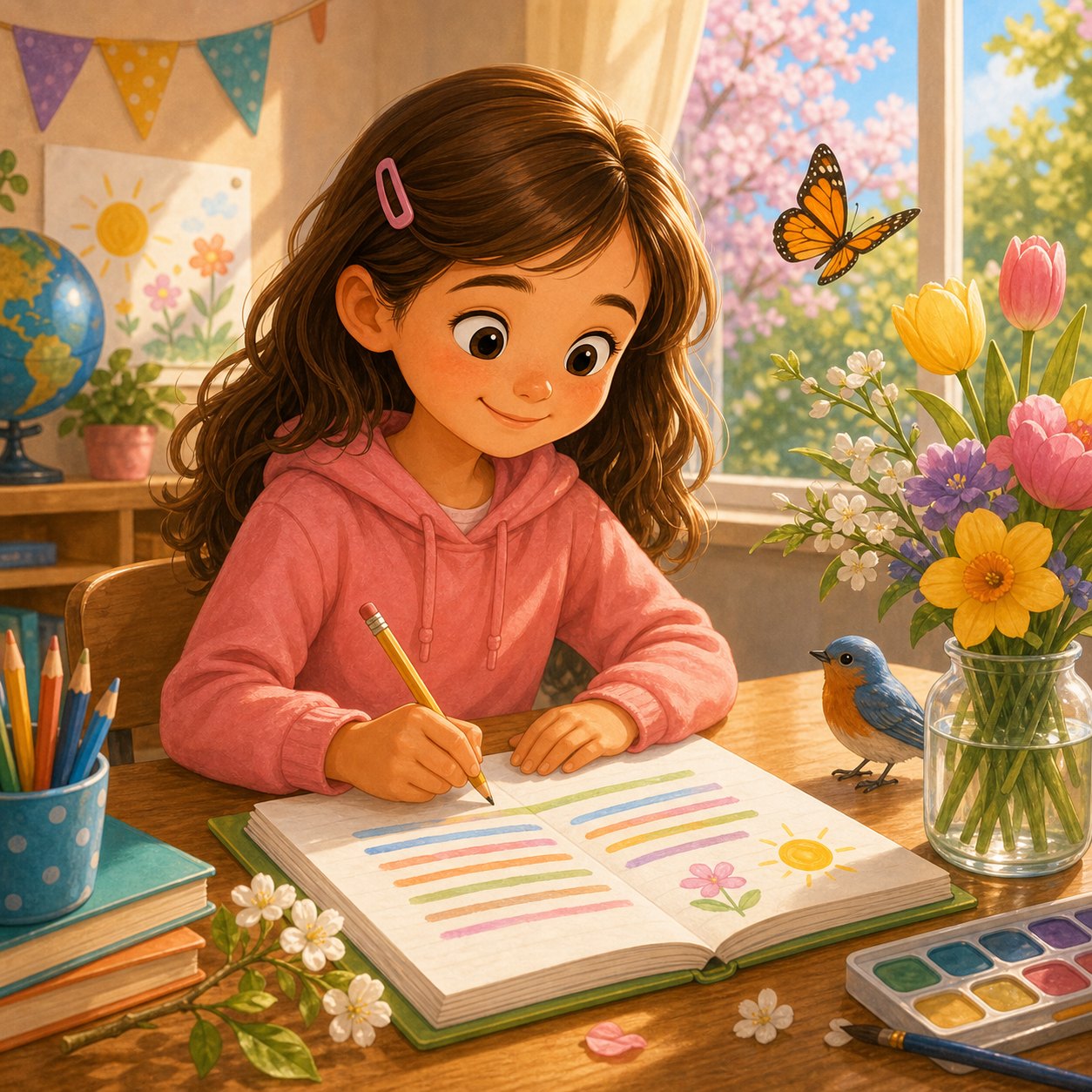 Nina escribiendo un poema inspirado en flores y primavera