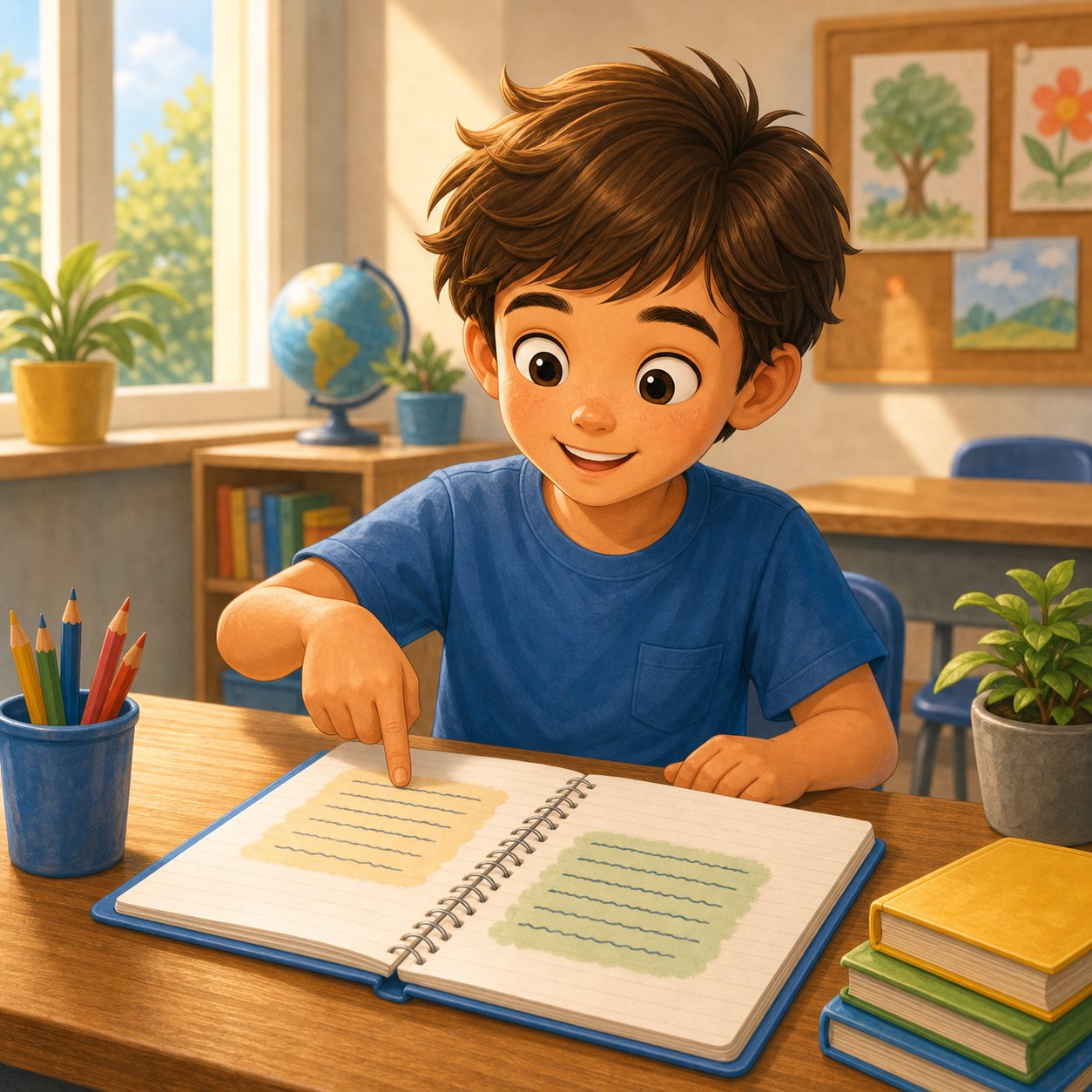 Nino mirando un cuaderno con versos agrupados en dos bloques