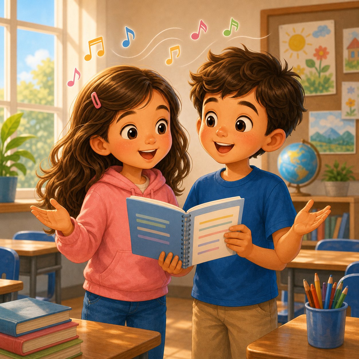 Dos ninos recitando poesia con ritmo y alegria en clase