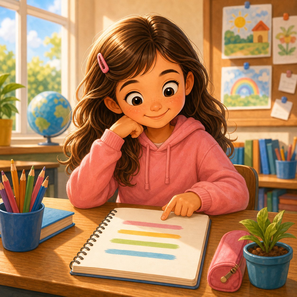 Nina senalando varias lineas separadas en un cuaderno de poesia