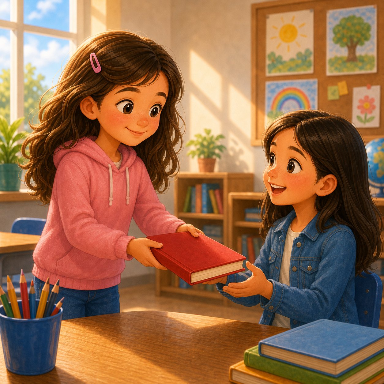 Nina dando un libro a su amiga en clase
