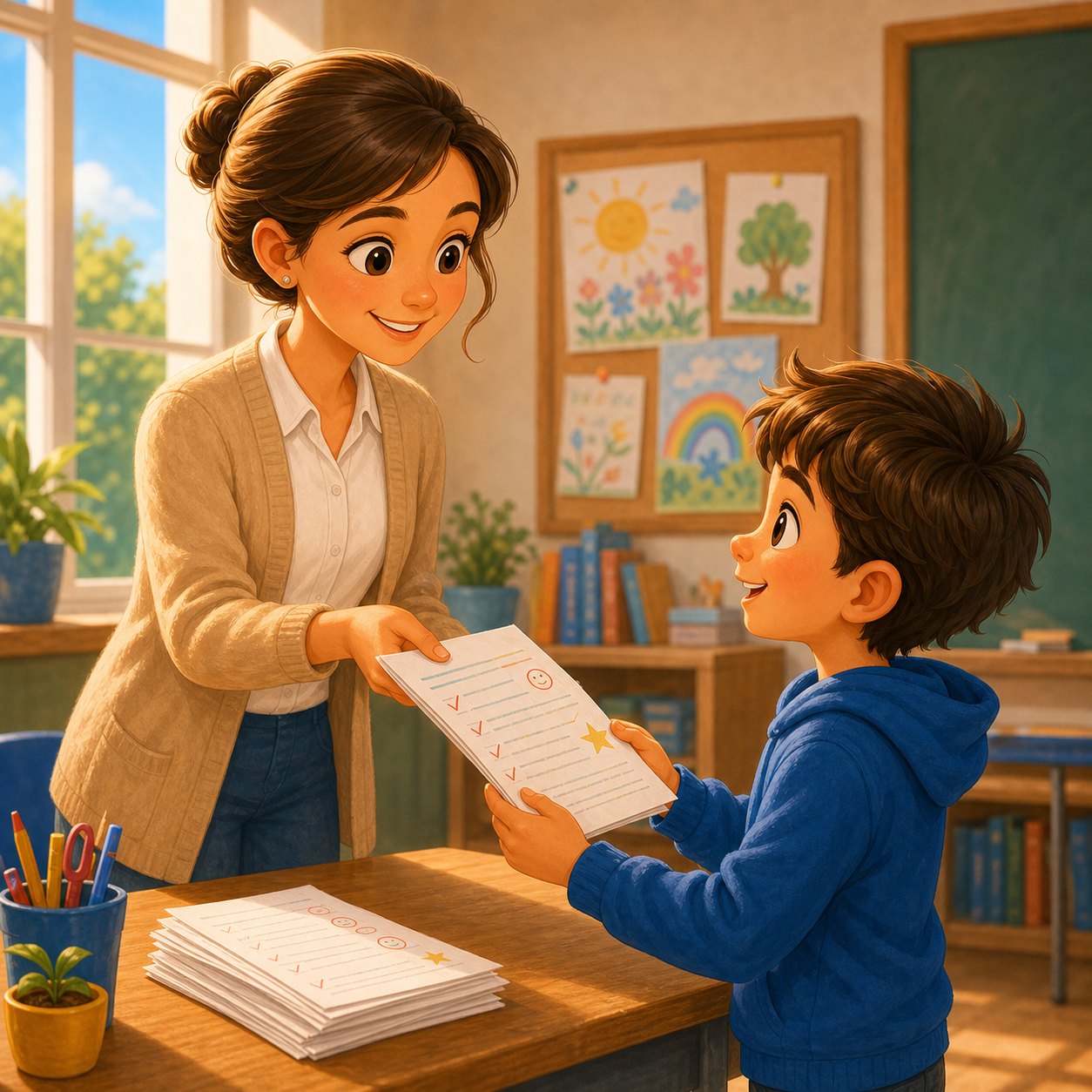 Profesora entregando deberes corregidos a un alumno
